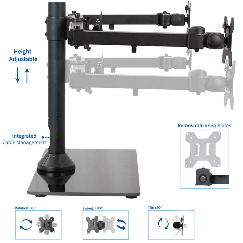 Black Triple Monitor Mount with Glass Base and Steel Arms
