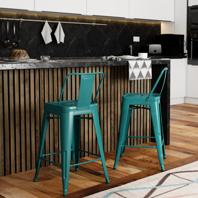2 tabourets de comptoir en métal de 24 pouces de couleur bleu sarcelle - dossier incurvé pour la détente, repose-pieds, entretoise stable, capuchons en plastique contre le plancher et pour maintenir sa propreté (de 2), finition, meilleure posture,