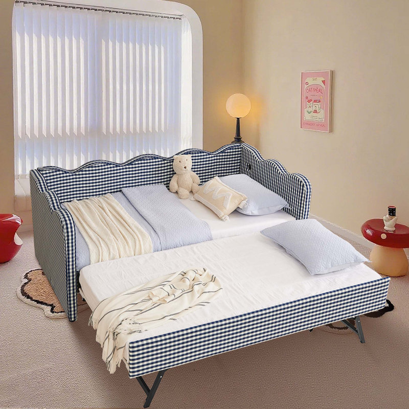 Lit de jour avec lit gigogne, canapé-lit simple, aucun sommier nécessaire, port USB, forme de vague adorable, tissu en lin