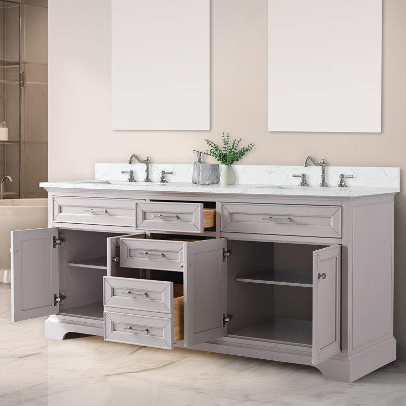 Meuble-lavabo double avec plateau en pierre artificielle Currahee, Taupe