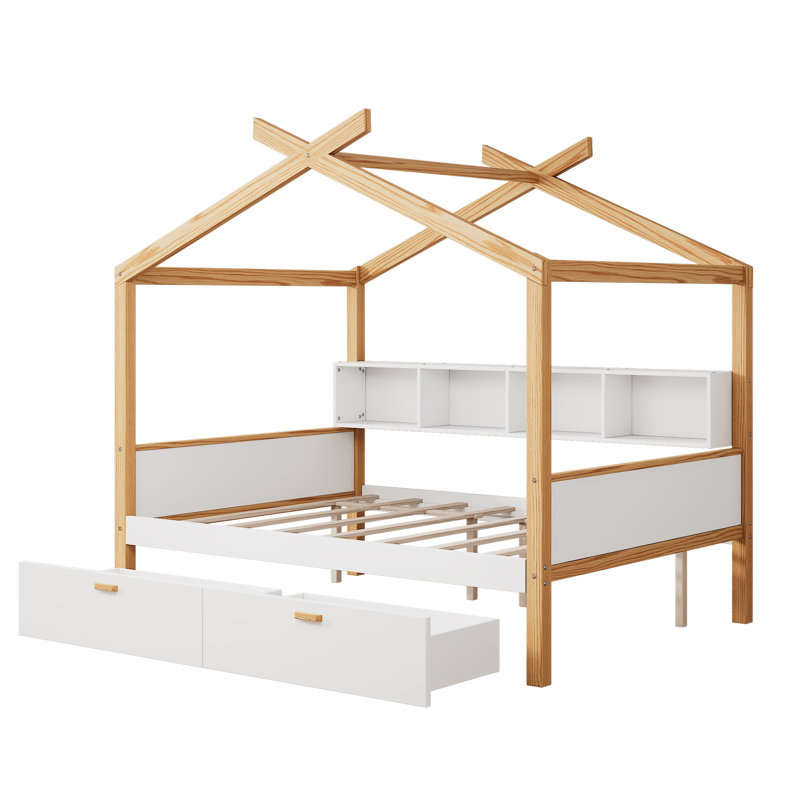 Lit House avec tiroirs et bibliothèque pour la chambre d'amis, Lit double