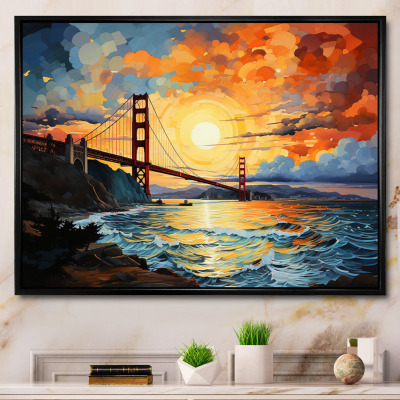 «Ebbin Orange Bridge Golden Gateway Yellow II», reproduction sur toile, Cadre flottant noir, H 34 po x l 44 po x P 1,5 po