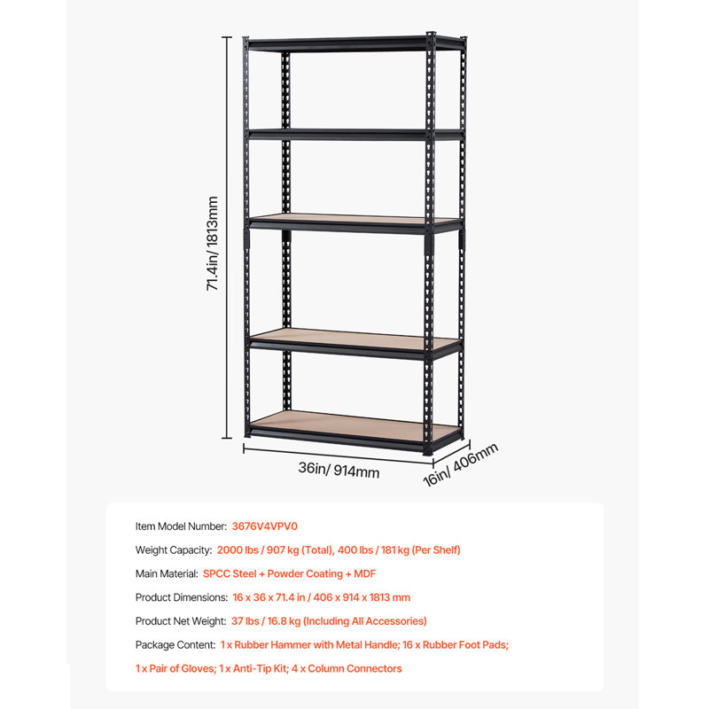 Tablettes de rangement à 5 niveaux, H 71,4 po x l 36 po x P 16 po