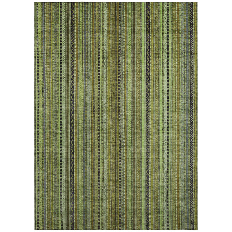 3' X 5' Green Gold And Gray Striped Washable Indoor Outdoor Area Rug