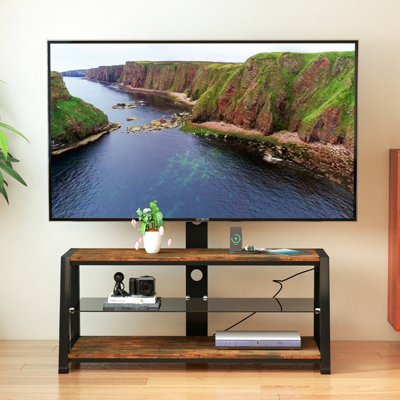 Universal Wooden Tv Stand With Black Tempered Glass And 3 - Tier Shelves, 30 Rotating System, Height Adjustable For 32" 65" Tvs, Multi Functional Power Outlets Storage Wire Management