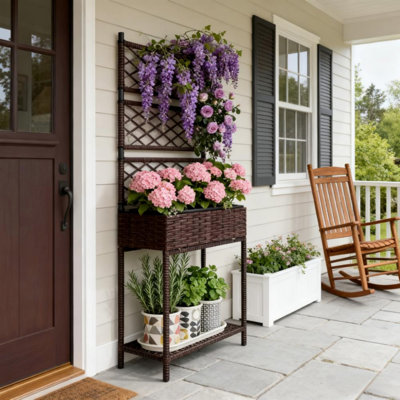 Freestanding Rattan Garden Box, Outdoor Wicker Planter With Trellis