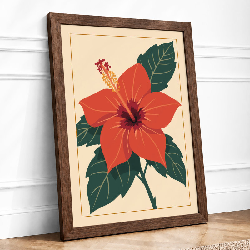 Red Hibiscus Bloom Botanical - Framed Print, A2 - 59.4 x 42.0 cm, Walnut