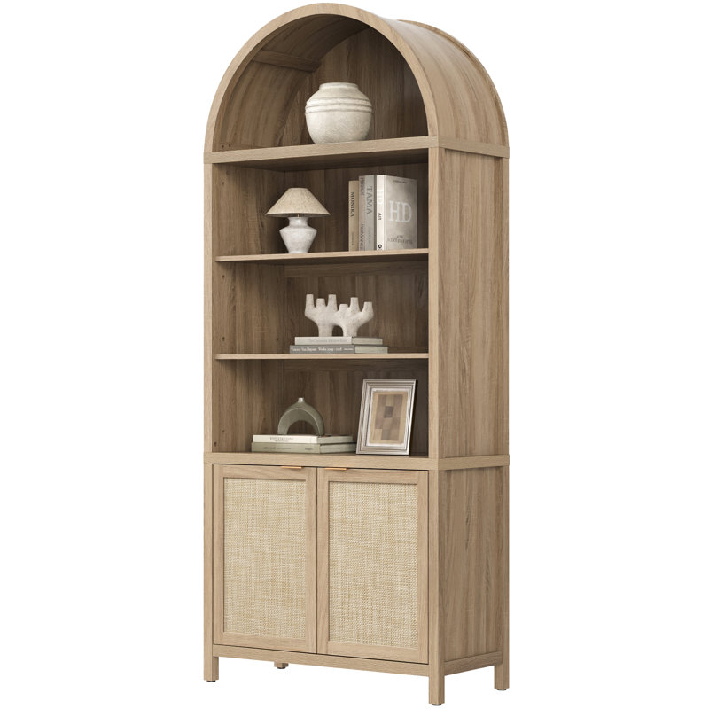 84.25''H Rattan Arched Bookcase With Adjustable Shelf, Light Oak