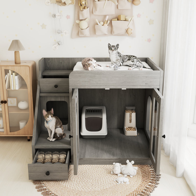 Maison d'intérieur pour chat avec lumière et 2 tiroirs de rangement, Gris
