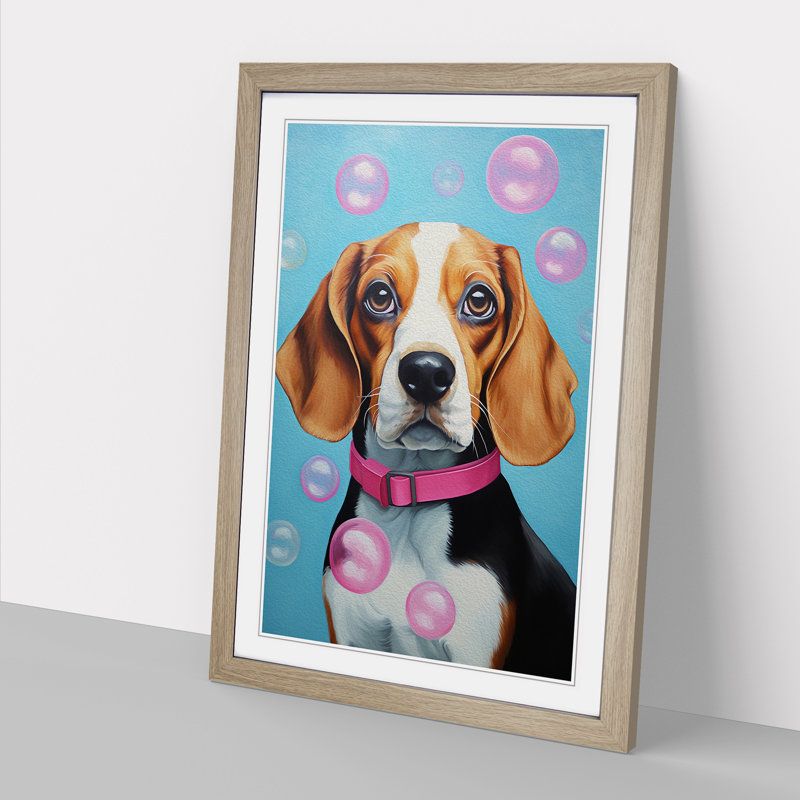 Beagle Bubble Gum - Framed Print, 64cm H x 46cm W x 2cm D, Oak