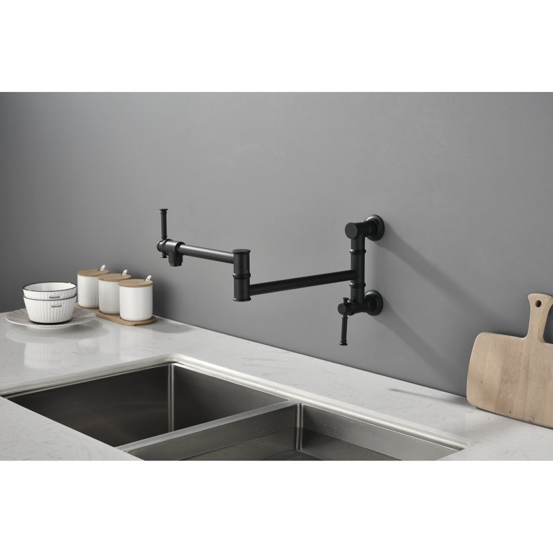 Wall Mounted Brass Pot Filler, Matte Black Finish With Double Handles For Smooth Water Control Kitchen Filler Faucet, Modern Foldable Arm And Fingerprint-