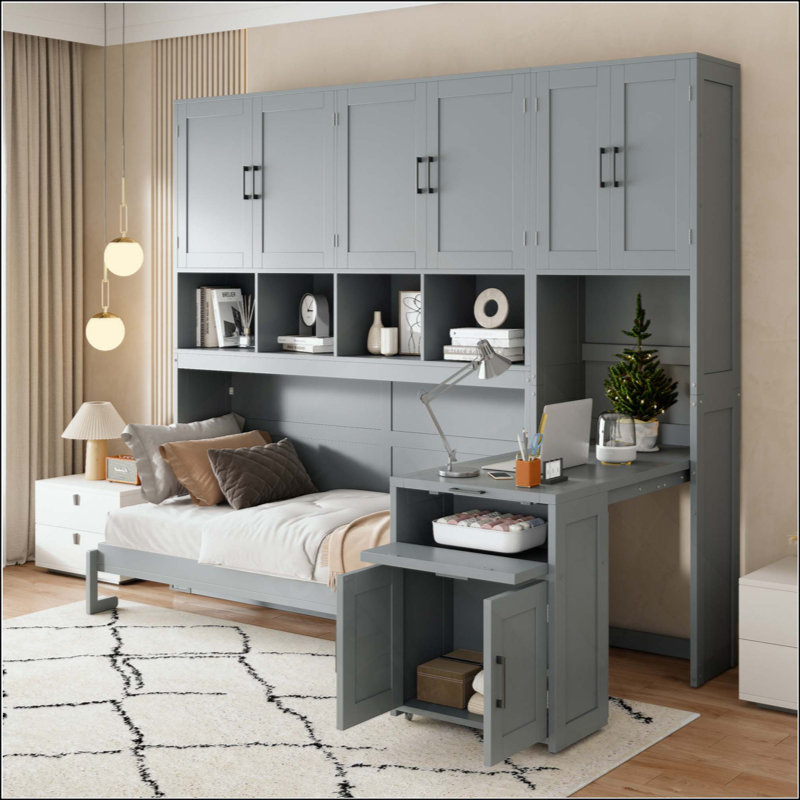 Lit escamotable innovant avec placard, tiroirs et bureau, une solution compacte et fonctionnelle pour les espaces de vie modernes
