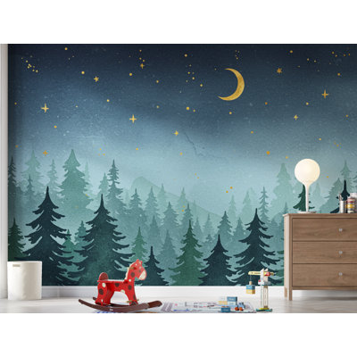 Dreamy Night Forest Wallpaper Mural – Watercolor Evergreen Trees, Crescent Moon & Stars, Misty Blue Woodland Wall Art for Nursery Room 193DRE