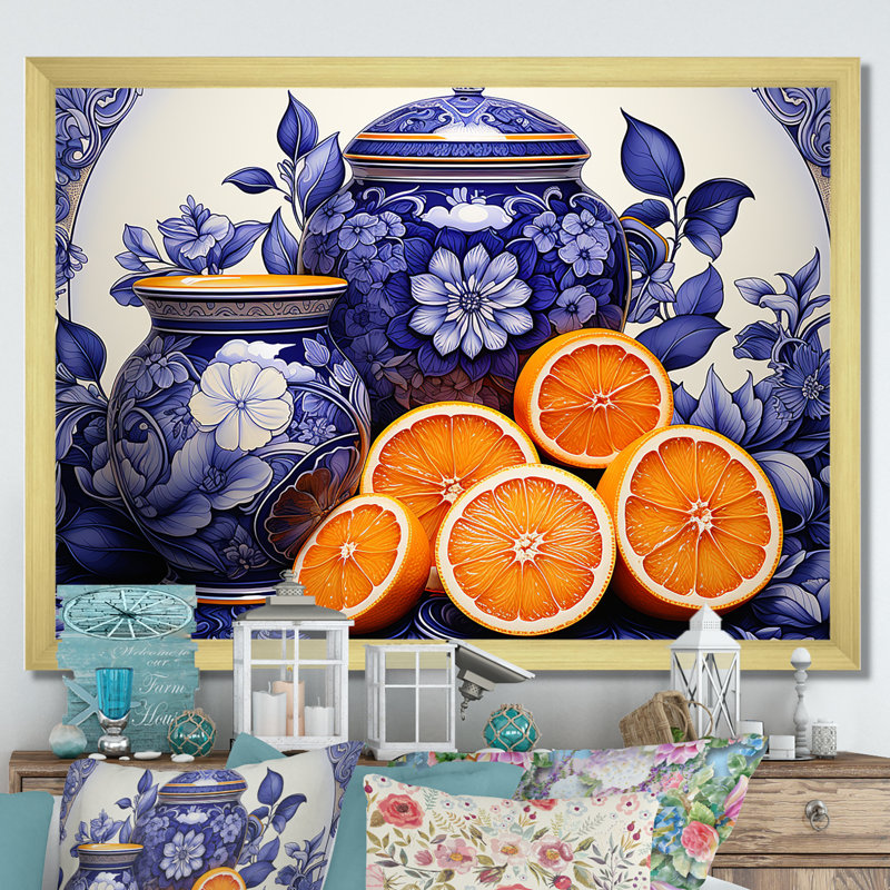 Décoration murale décorative de fleurs surréelles - poterie bohème, Cadre doré à coins fermés, H 34 po x l 44 po x P 1,5 po