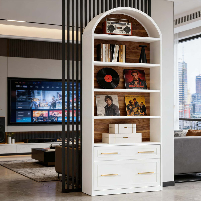 Utilitarian Design Arched Bookcase Two-Tone Sturdy Anti-tip Bookshelf, White