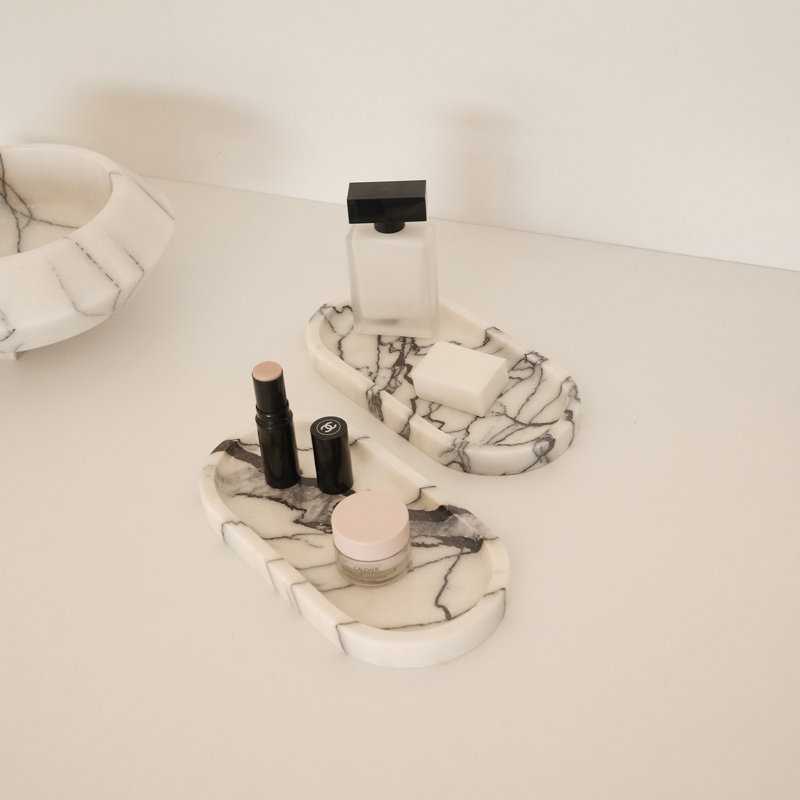 Elegant Bathroom Tray Set (2 Pieces), White Sicily Lila Marble, 9.8 x 4.7 x 0.8 inches | 100% Natural Stone, Durable & Stylish | Perfect for Organizing Essentials, Modern Design for Any Bathroom Decor