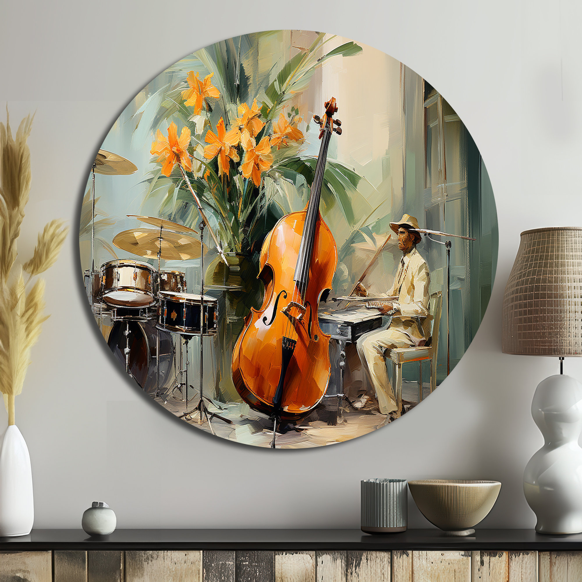 Lark Manor™ Chello Jazz Rhythms - Music Round Metal Art | Wayfair