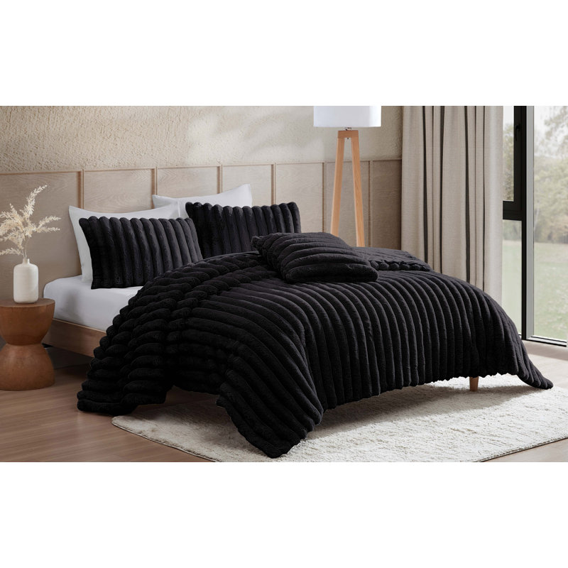 Black Twin XL Faux Fur Reversible Comforter Set