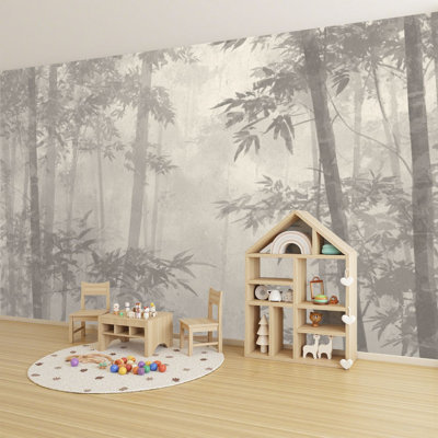 Peel and Stick Wallpaper Monochrome Bamboo Forest Misty Zen Vibes 100"H x 144"W Wall Mural Self-Adhesive Wall Decor for Home Office