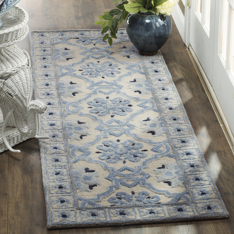 Tapis oriental en laine / viscose touffeté à la main Cruz en bleu ivoire, Tapis de couloir 2 pi 3 po x 9 pi