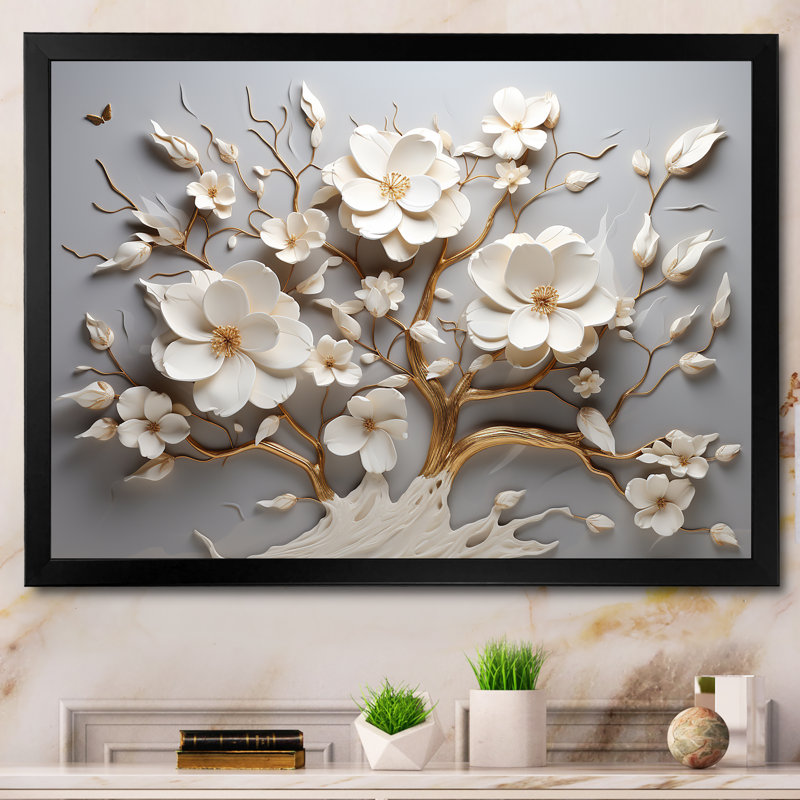 Orchidée blanche jardin de branches 10 - Art mural floral abstrait pour le salon, Cadre d'angle fermé noir