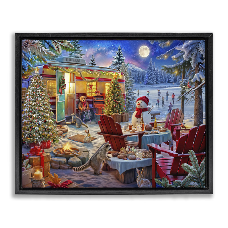 Cadre flottant Winter Holiday Camper Party, design par Henriette Chinaglia, Cadre flottant noir de jais, H 17 po x l 21 po