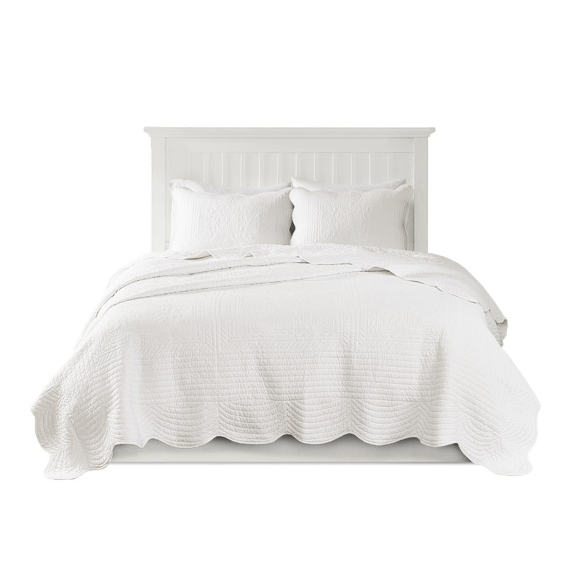 Courtepointe réversible 3 pièces double / grand, décoration à bords festonnés, microfibre douce, rembourrage 90% coton, hygiène sans effort, blanc, double / grand transport de campagne, détail, rembourrage, finition, facile à nettoyer,