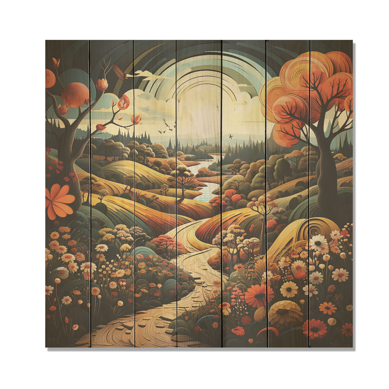 Impression de paysage fantaisiste coloré en couleurs I - Paysage romantique sur bois, H 15 po x l 15 po