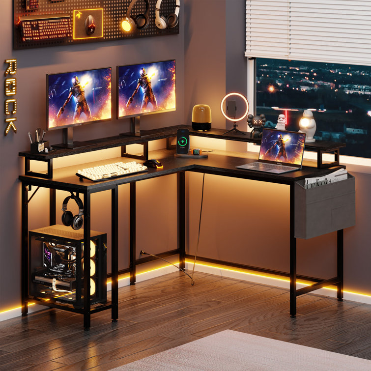 Marquavious L-Shaped Reversible Computer Desk with Monitor Stand and LED Built-in Outlets