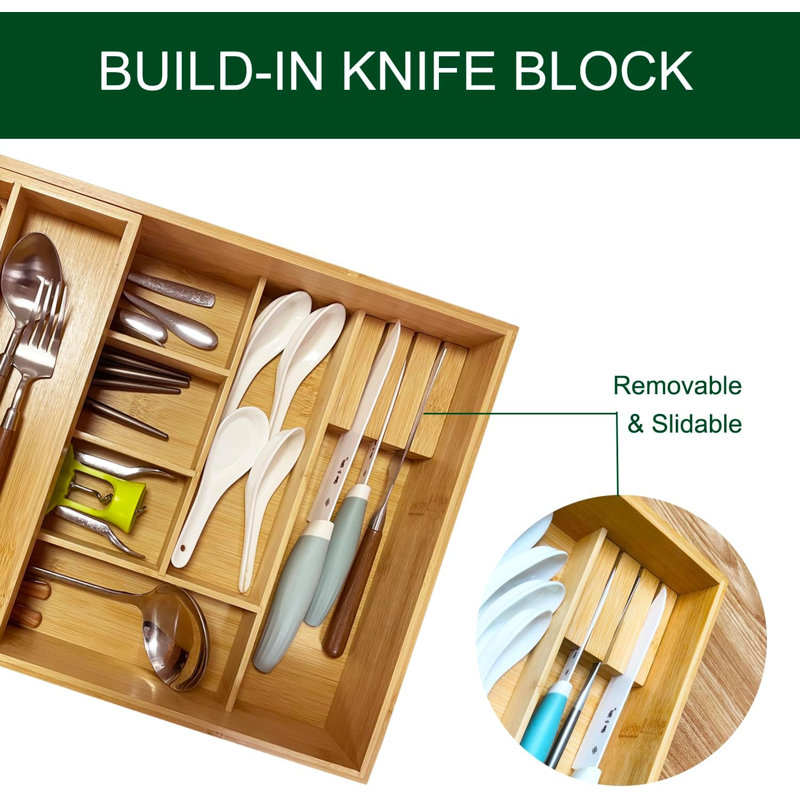 Double layer Bamboo Kitchen Drawer Organizer,Silverware & Cutlery Tray,With Slidable