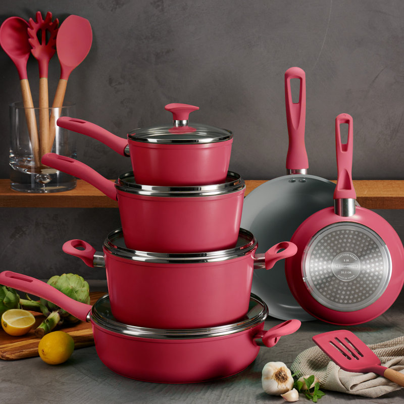 Batterie de cuisine en céramique prête à induction de 14 pièces, Rouge