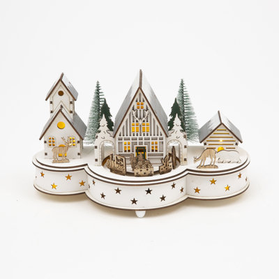Lighted Musical Laser Cut Wood Village with Moving Train 11.81"L