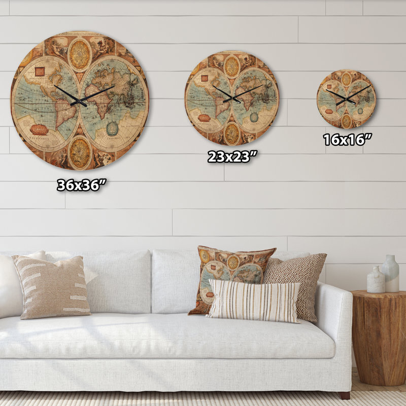Ancienne carte murale horloge murale, carte du monde rétro en bois - Ancienne carte du monde, Petit