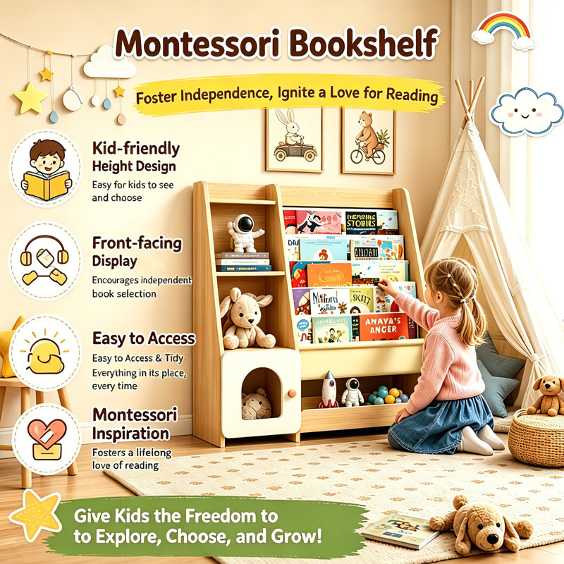 Chitara 5-Tier Book Display Bookcase Bookshelf with Storage Organizer, Wood/White
