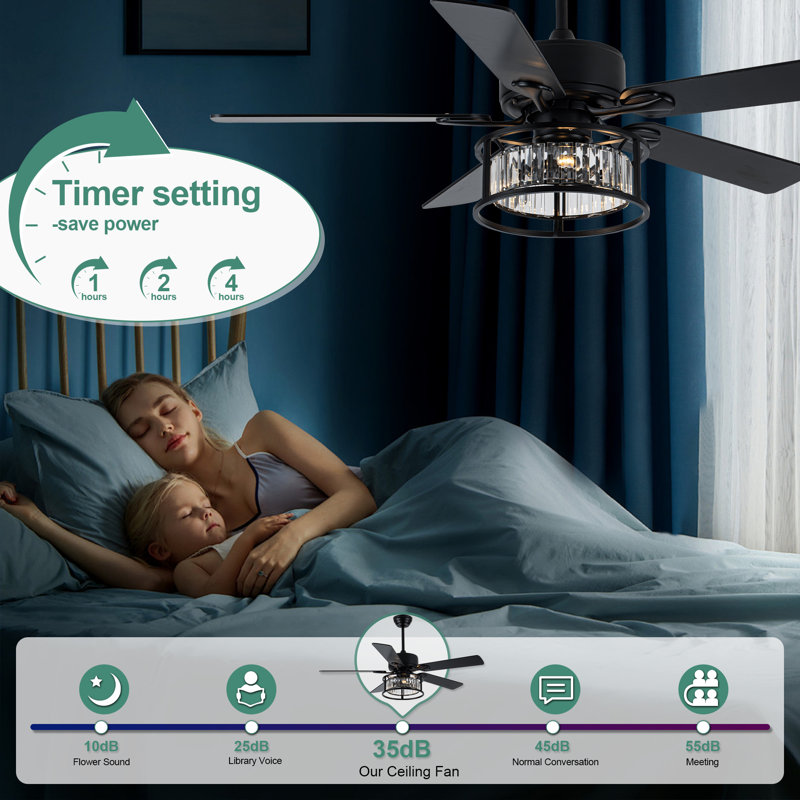 52in. Modern Crystal Ceiling Fan with Remote, Black 6-speed DC Motor Reversible Caged Ceiling Fan for Bedroom