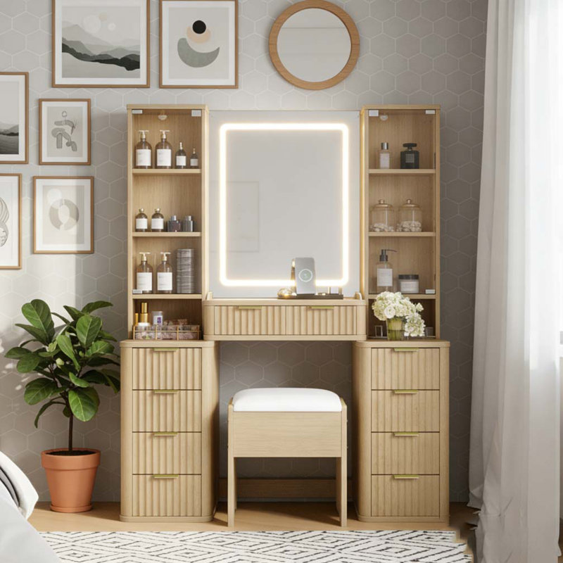 43.5" Fluted Makeup Vanity Desk with Mirror and Lights, Modern Glass Top Vanity Table with 10 Drawers & 2 Transparent Glass Cabinets, Dressing Table Set with Stool