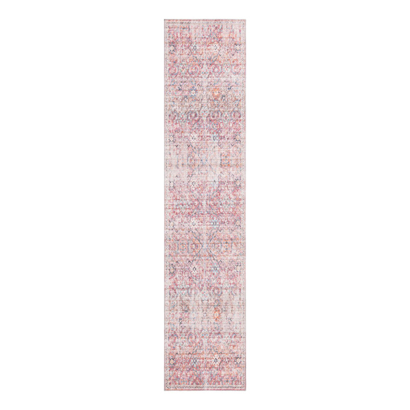 Tapis floral tissé à la machine Engelhardt en chenille ivoire / rose, Tapis de couloir 2 pi x 6 pi 1 po