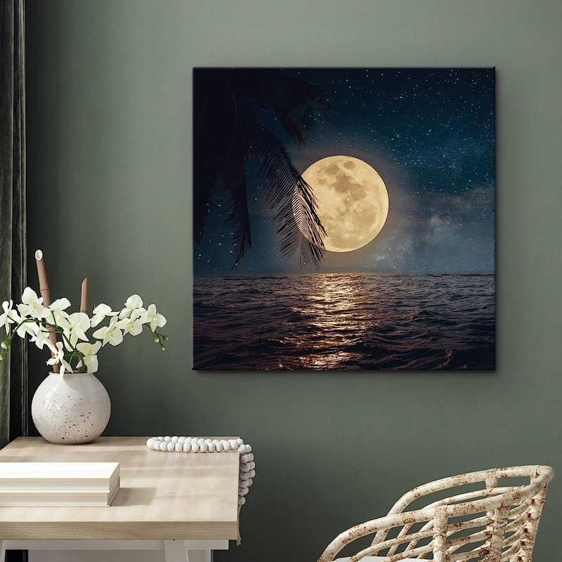 Moon " Harvest Moon Nighttime Tropical Ocean Horizon ", 24" H x 24" W x 1.5" D