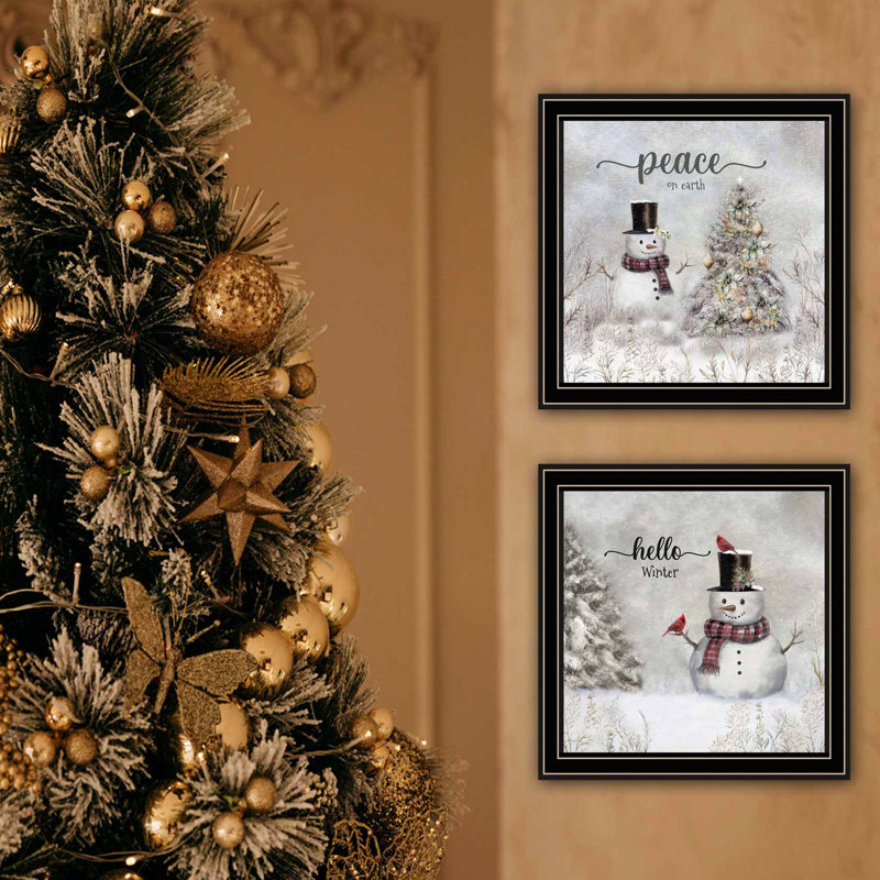 2 décorations murales d'hiver - Paix sur terre, décoration encadrée noire, salon, chambre à coucher, bois de qualité + ornement artisanal, ornement,