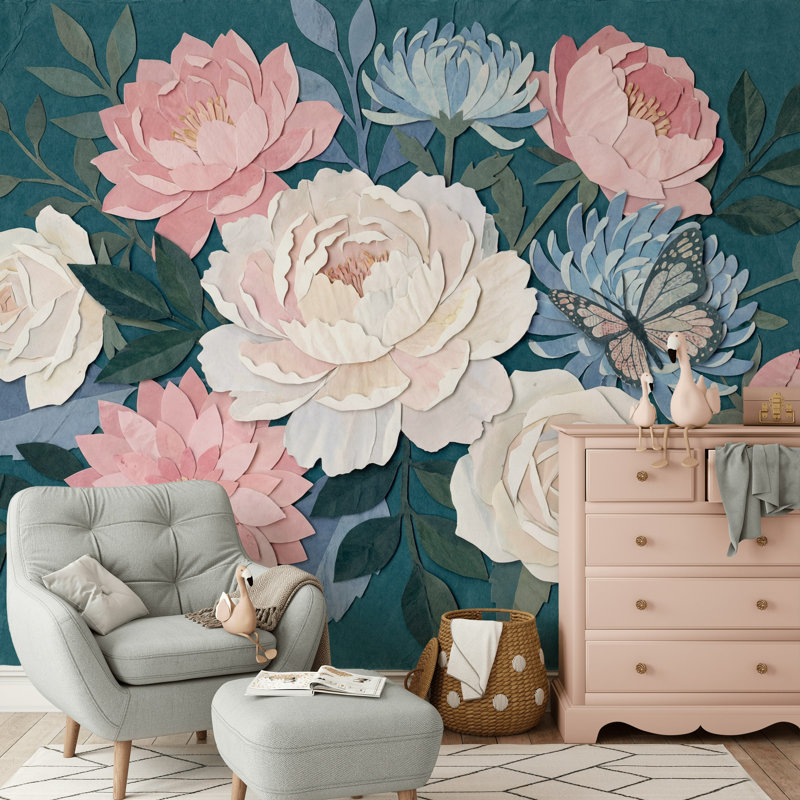 Papier peint froissé à motif floral et papillons, 80"x96", Peel and Stick