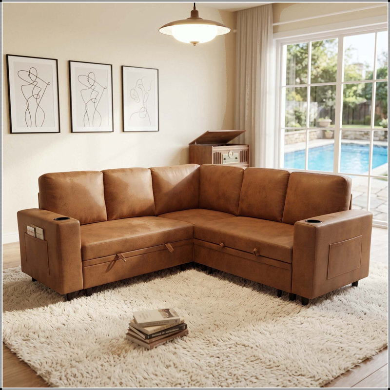 L-Shape Sectional Sofa Bed with Pull-Out Sleeper, Storage, and Cup Holders, Similicuir brun clair