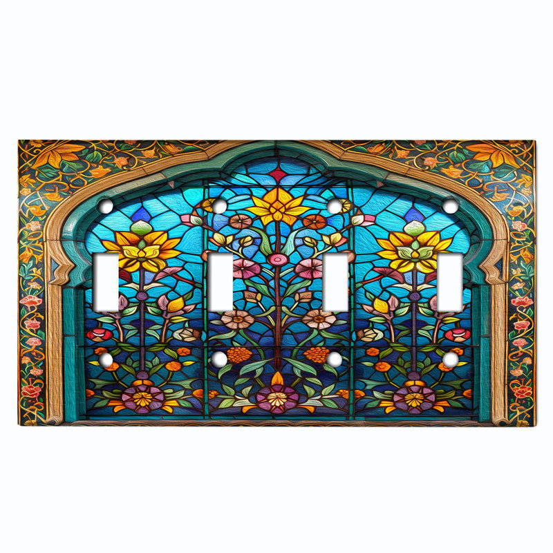 Couvercle de plaque d'interrupteur en métal; Bascule à 4 bandes standard des États-Unis - image imprimée d'un motif floral en vitrail