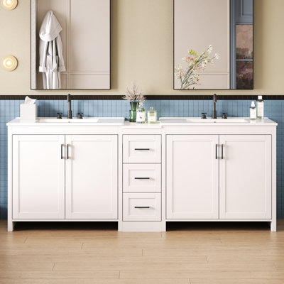 White 84 - Inch Double Sink Vanity With 2 Ceramic Sinks, Quartz Counter, Customizable Storage, 3 Drawers And Silver Metal Handles For Modern Bath Decor Inch In Surface, Adjustable Shelving, Drawers,