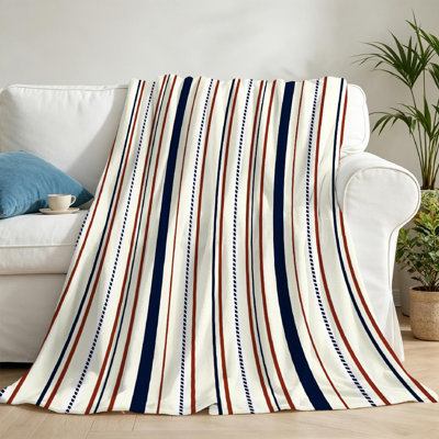 Jeté en molleton beige flanelle ultra douce, rayures rétro avec imprimé rouge et simple face