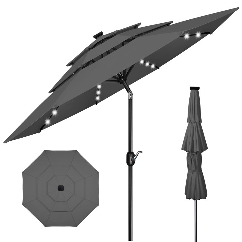 3 m 3-Tier Solar Patio Umbrella,32 LED Lights Patio Table Umbrellas With Tilt And Crank,8 Sturdy Ribs For Market, Beach, Pool, Garden, Deck, Backyard