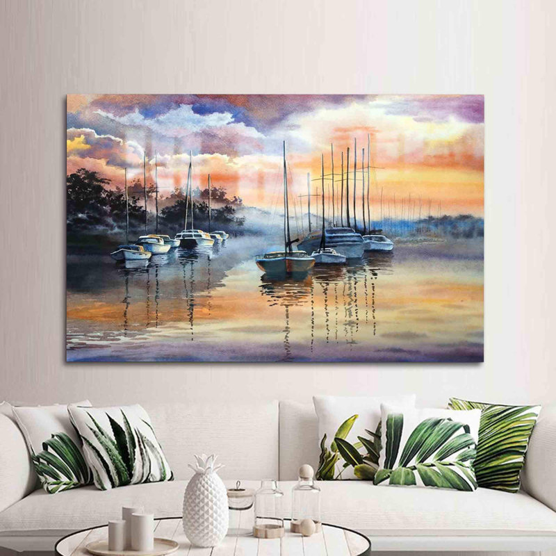 Paysage coucher de soleil imprimé sur verre trempé dans des tons doux pour la maison ou le bureau, H 35,4 po x l 59,1 po
