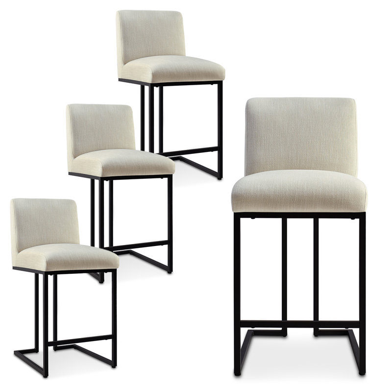 25" Counter Height Upholstered Bar Stools With Textured Fabric Seats And Black Metal Base, Beige