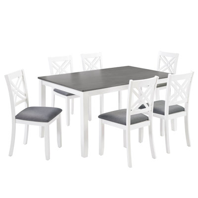 Modern 7-Piece solid wood Dining Set with 6 Upholstered Chairs – Rectangular Table for 6, Space-Saving Kitchen & Dining Room Set, Easy Assembly