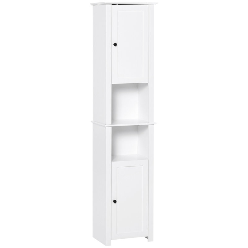 Grande armoire de rangement pour salle de bain, tour à linge autoportante avec tablette à 2 niveaux et 2 armoires, rangement pour plancher étroit, blanc