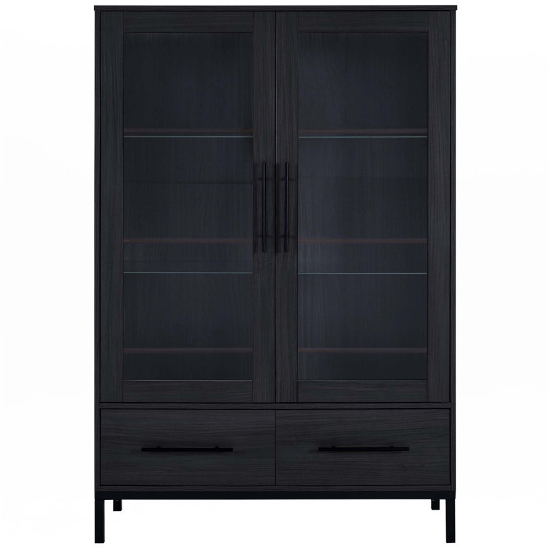 Armoire de rangement Farmhouse avec tablettes en verre réglables à 4 niveaux, Noir